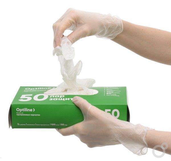 Перчатки виниловые Optiline неопудренные, размер S, прозрачные, 100 штук в упаковке