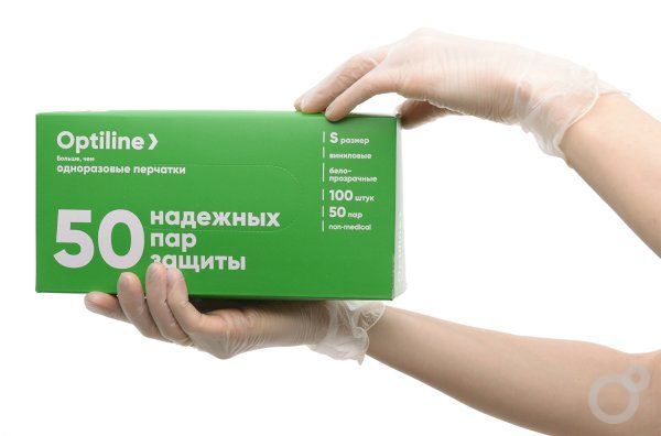 Перчатки виниловые Optiline неопудренные, размер S, прозрачные, 100 штук в упаковке