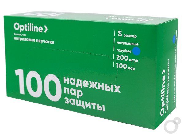 Перчатки нитриловые одноразовые Optiline, голубые, размер S, 200 штук в упаковке